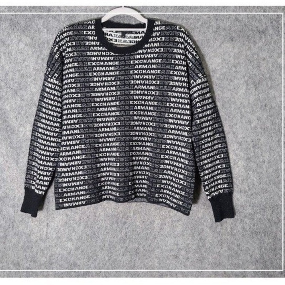 Armani Exchange Women Sweater Xs Black Silver Metallic Monogram Logo Knit Crew